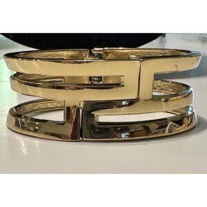 Vintage Modernist Bold & Wide Gold Tone Hinged Cuff Bracelet Geometric